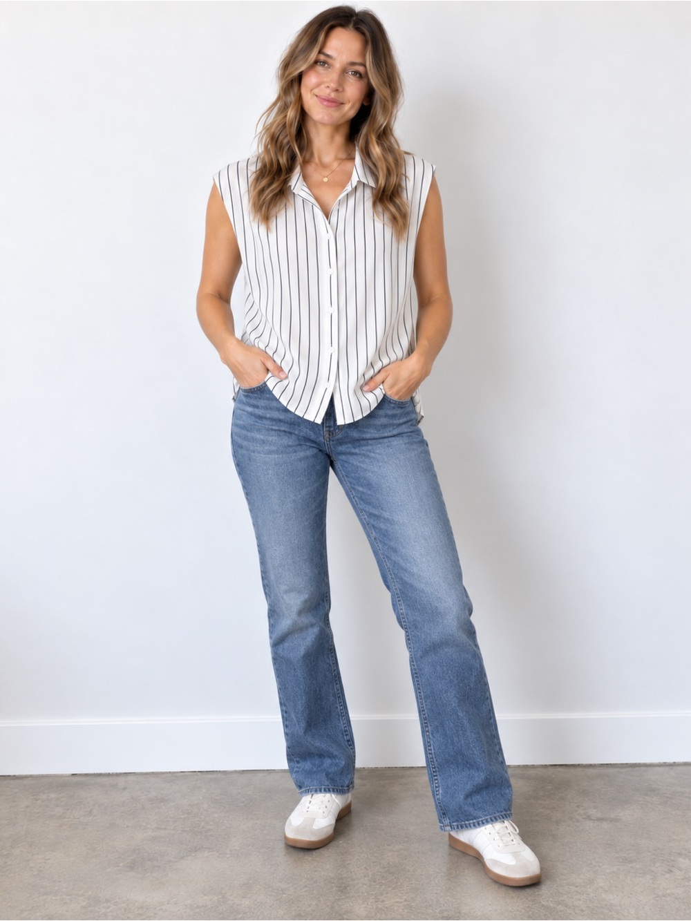 Modern Works Striped Sleeveless Button Up Blouse - NWT Size L